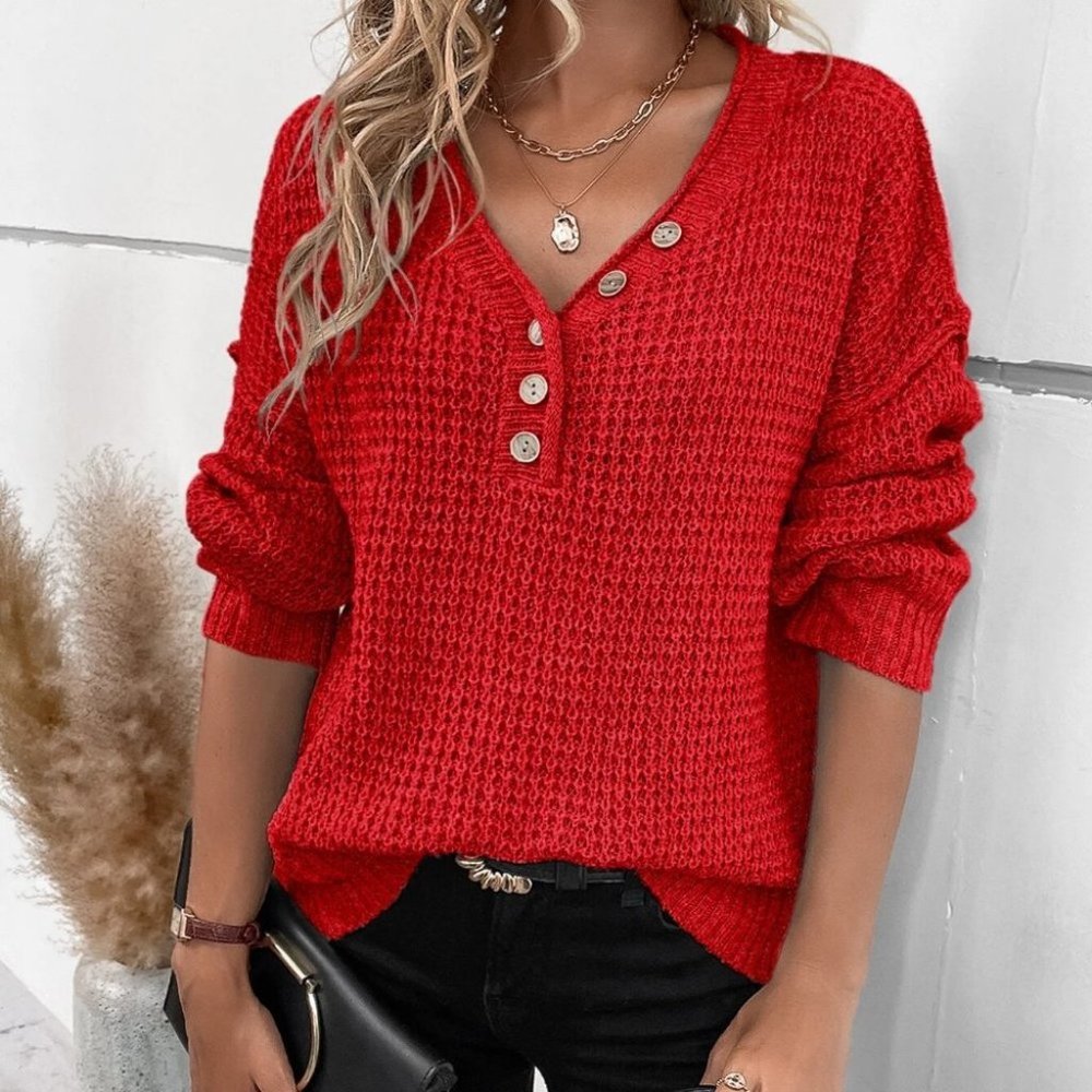 Casual Button detailed knit Sweater top red - Picture 1 of 5